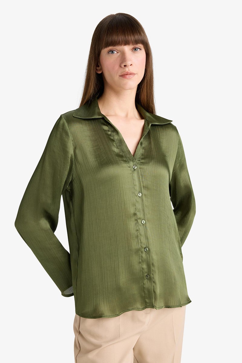 DeFacto Green Woman Regular Fit Satin Long Sleeve Shirt Casual - Image 3